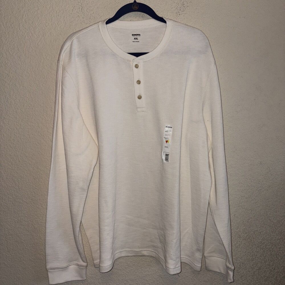 New Mens Henley Thermal Shirt Long Sleeve Cotton Ribbed Muscle XXL White Outdoor
